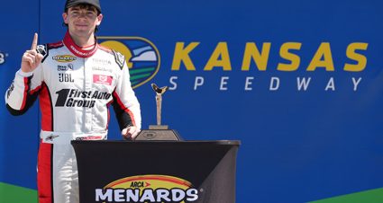 Gio Ruggiero, driver of the #18 First Auto Group Toyota, celebrates after winning the the Tide 150 for the ARCA Menards Series at Kansas Speedway on April 18, 2026 in Kansas City, Kansas. (Ed Zurga/ARCA Racing)