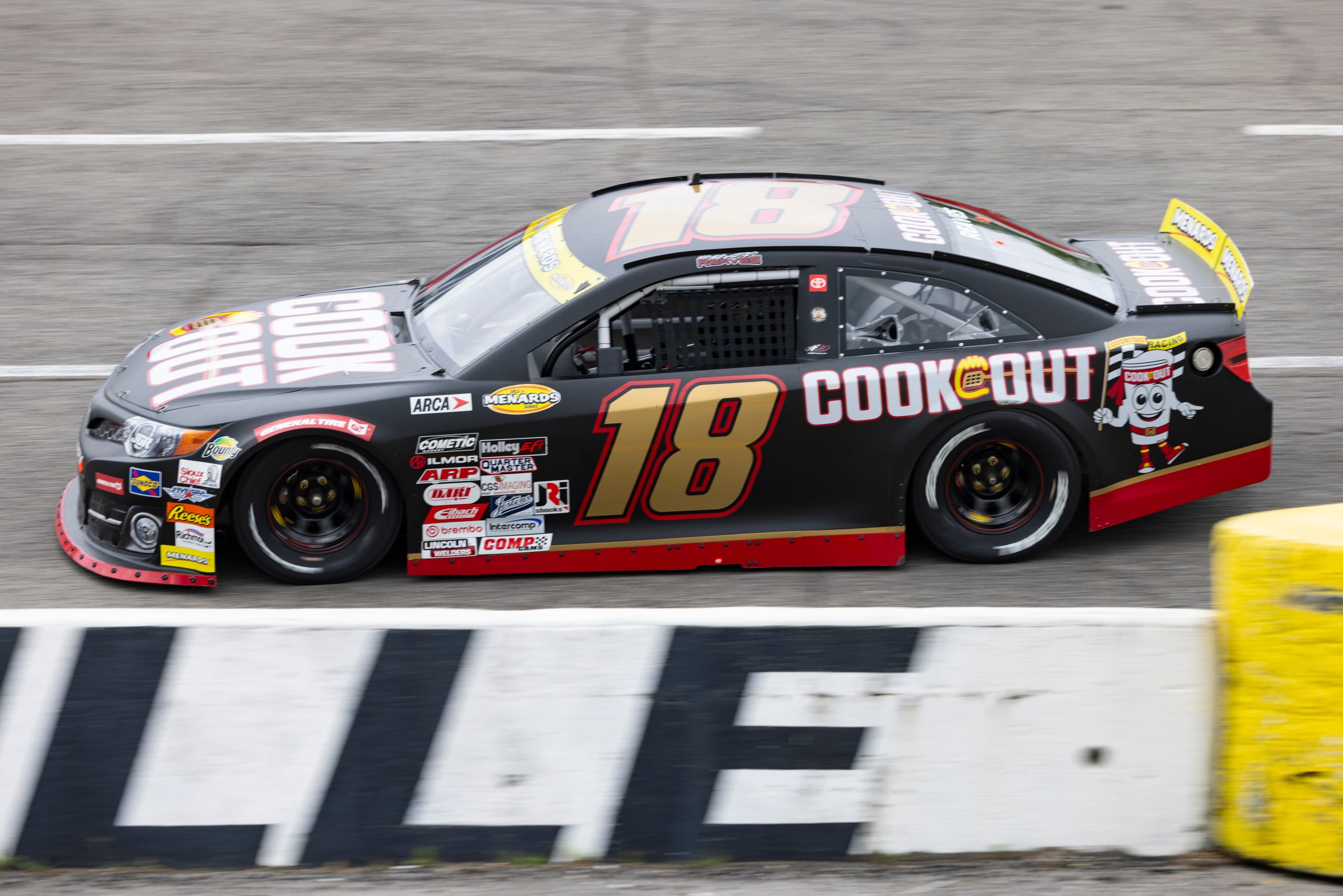 Max Reaves, driver of the #18 Cookout Toyota, drives in the Music City 150 for the ARCA Menards Series East at Nashville Fairgrounds Speedway in Nashville, Tennessee, on May 4, 2025. (Austin Anthony/ARCA Racing)