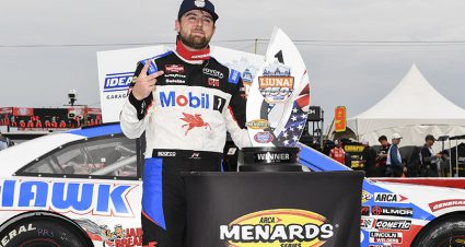 Kaden Honeycutt, driver of the #17 Mohawk Northeast/MMI Toyota celebrates after winning the LiUNA! 150 presented by IDEAL Garage Door for the ARCA Menards Series at Lucas Oil Indianapolis Raceway Park in Indianapolis, IN on July 24, 2026. (Tanner Pearson/ARCA Racing)
