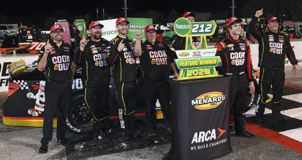 Max Reaves, driver of the #18 Cook Out Toyota poses with his team after placing first during the Spruce 212 for the ARCA Menards Series at Salem Speedway in Salem, Indiana on September 12, 2026. (Tanner Pearson/ARCA Racing)