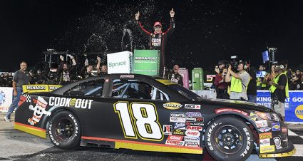 Max Reaves, driver of the #18 Cook Out Toyota celebrates after placing first during the Spruce 212 for the ARCA Menards Series at Salem Speedway in Salem, Indiana on September 12, 2026. (Tanner Pearson/ARCA Racing)