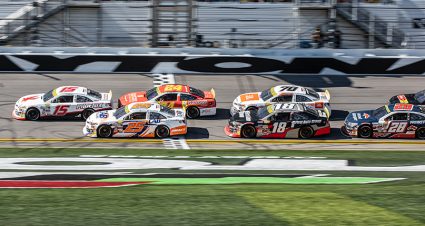 Jake Finch, driver of the No. 15 Phoenix Toyota, leads the field back to green in the closing laps, during the General Tire 200 for the ARCA Menards Series at Daytona International Speedway in Daytona, FL on Saturday February 14th, 2026. (Ted Malinowski/NASCAR)